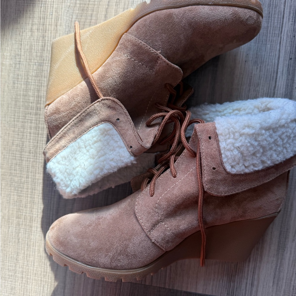 Women's Tan Suede-Like Wedge Ankle Boots